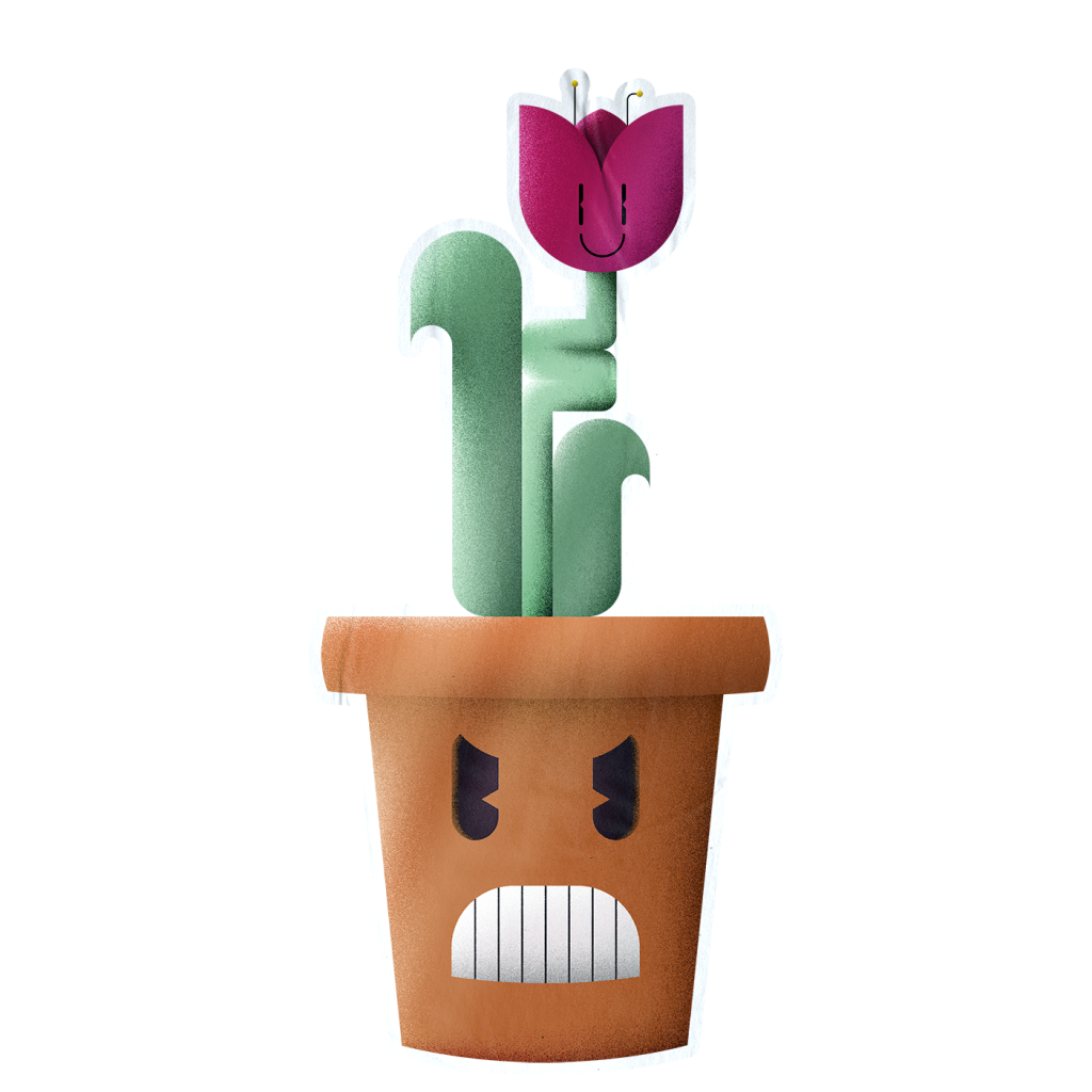 un pot de fleurs agacé et avec une fleur souriante sur lui